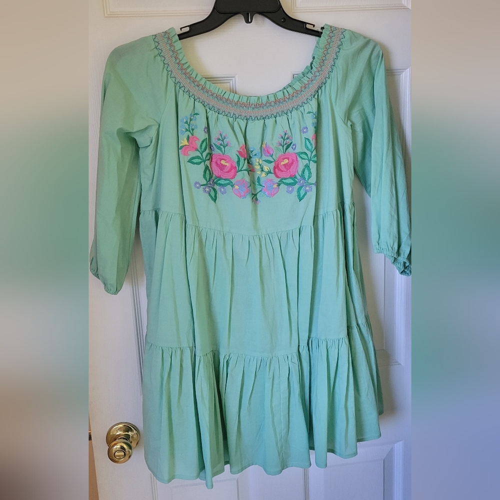 Umgee Green Dress with Floral Embroidery